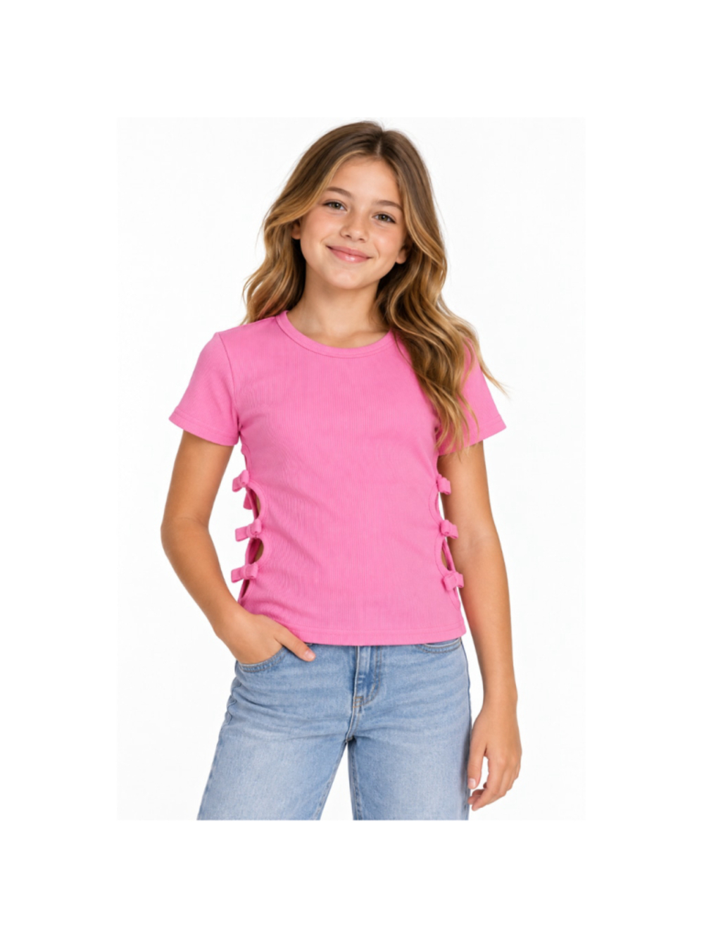 Girl's Short Sleeve Side Bow Cutout Top – Rose Red–Approx. Size 12–NWOT